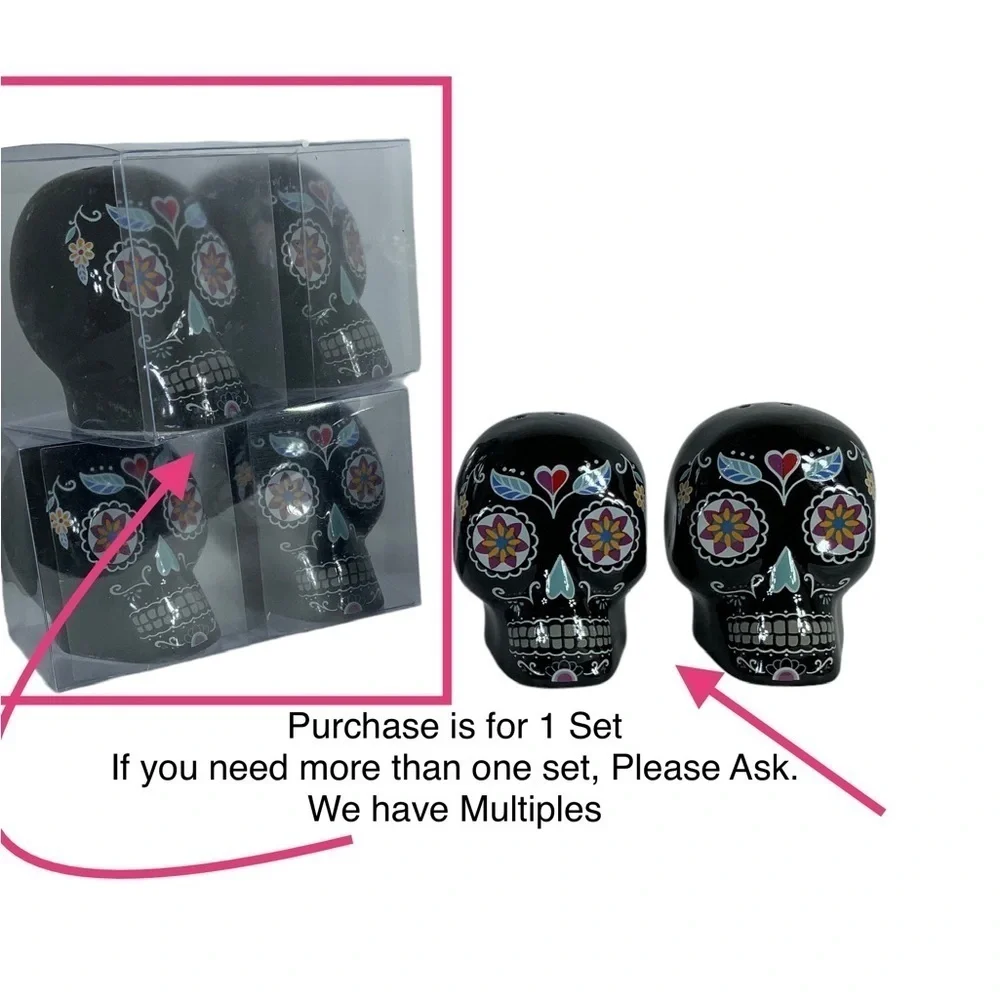 Sugar Skull Salt Pepper Shaker Set Ceramic Day of the Dead Multicolor Black 2 PC
